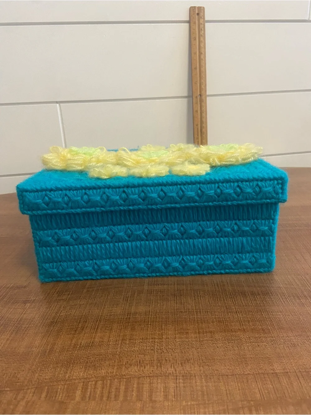 Handcrafted Yarn crocheted box Yellow Floral Accent w/ lid